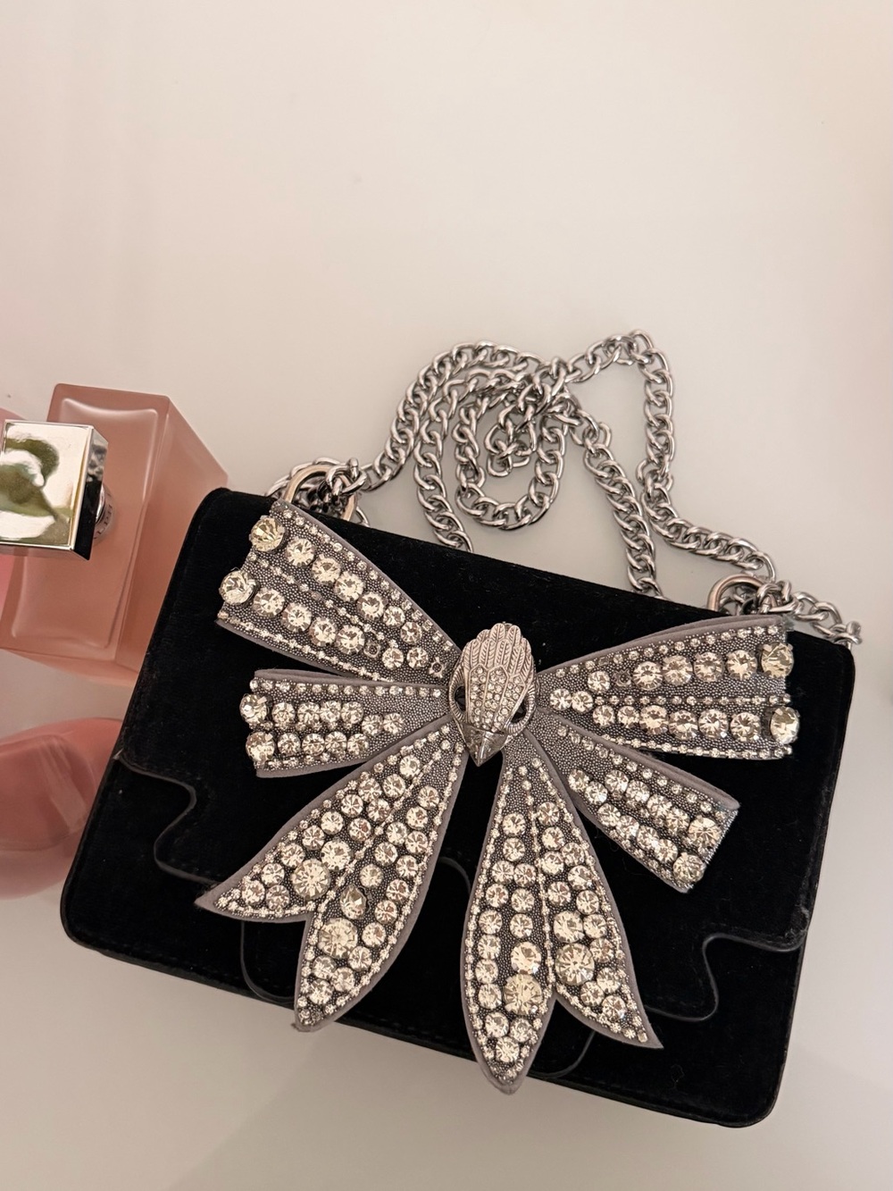 Black Velvet Evening Crossbody with Crystal Bow Accent